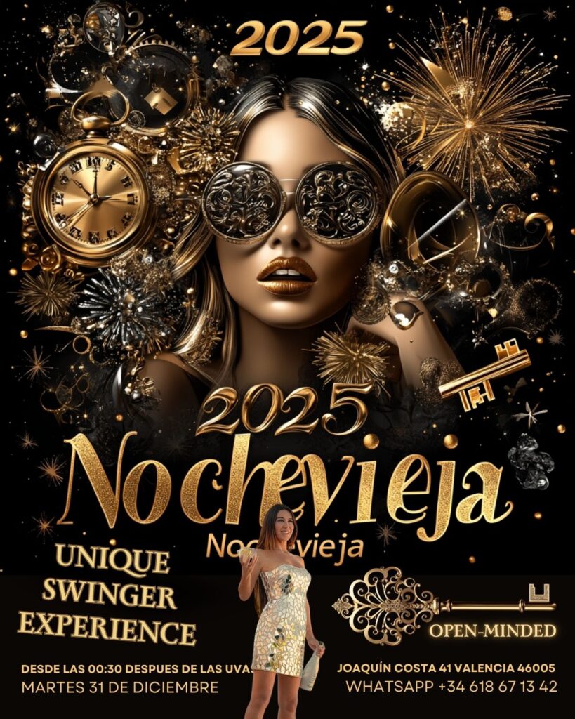 Evento de Nochevieja 2024 en Open-Minded.club con diseño brillante y temática swinger exclusiva en Valencia.