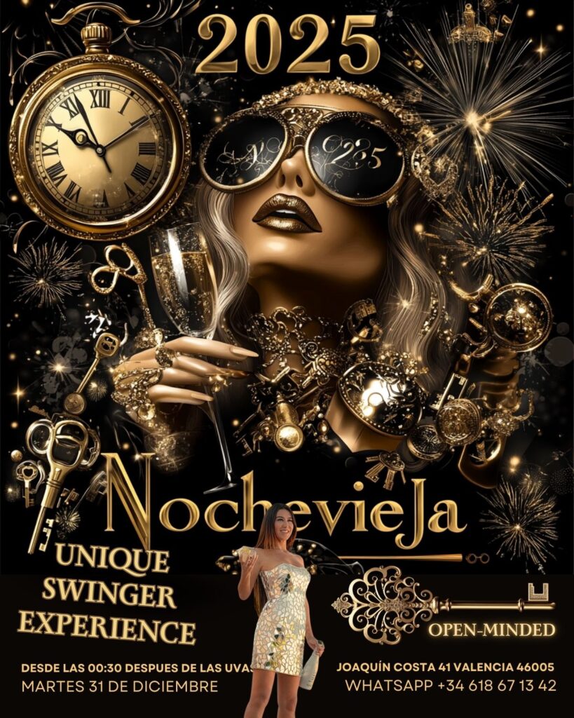 Anuncio de fiesta de Nochevieja en Open-Minded.club, con diseño dorado y temática de lujo swinger para Valencia.