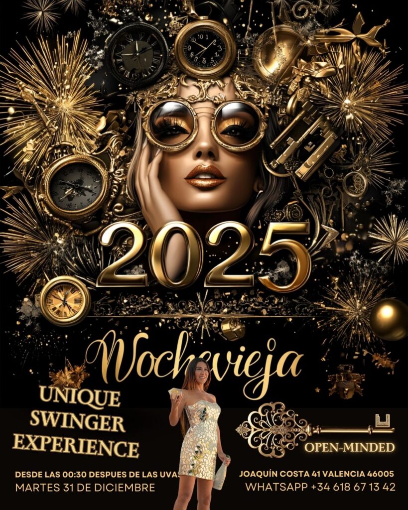 Cartel de Nochevieja 2024 en Open-Minded.club con detalles dorados y relojes, promoviendo la fiesta swinger más exclusiva en Valencia.