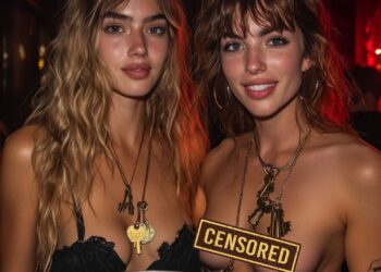 Dos mujeres sosteniendo un plato lleno de llaves, ambas llevan collares con varias llaves colgando, participando en el Juego de las Llaves durante la fiesta BISPERA en el club Open-Minded