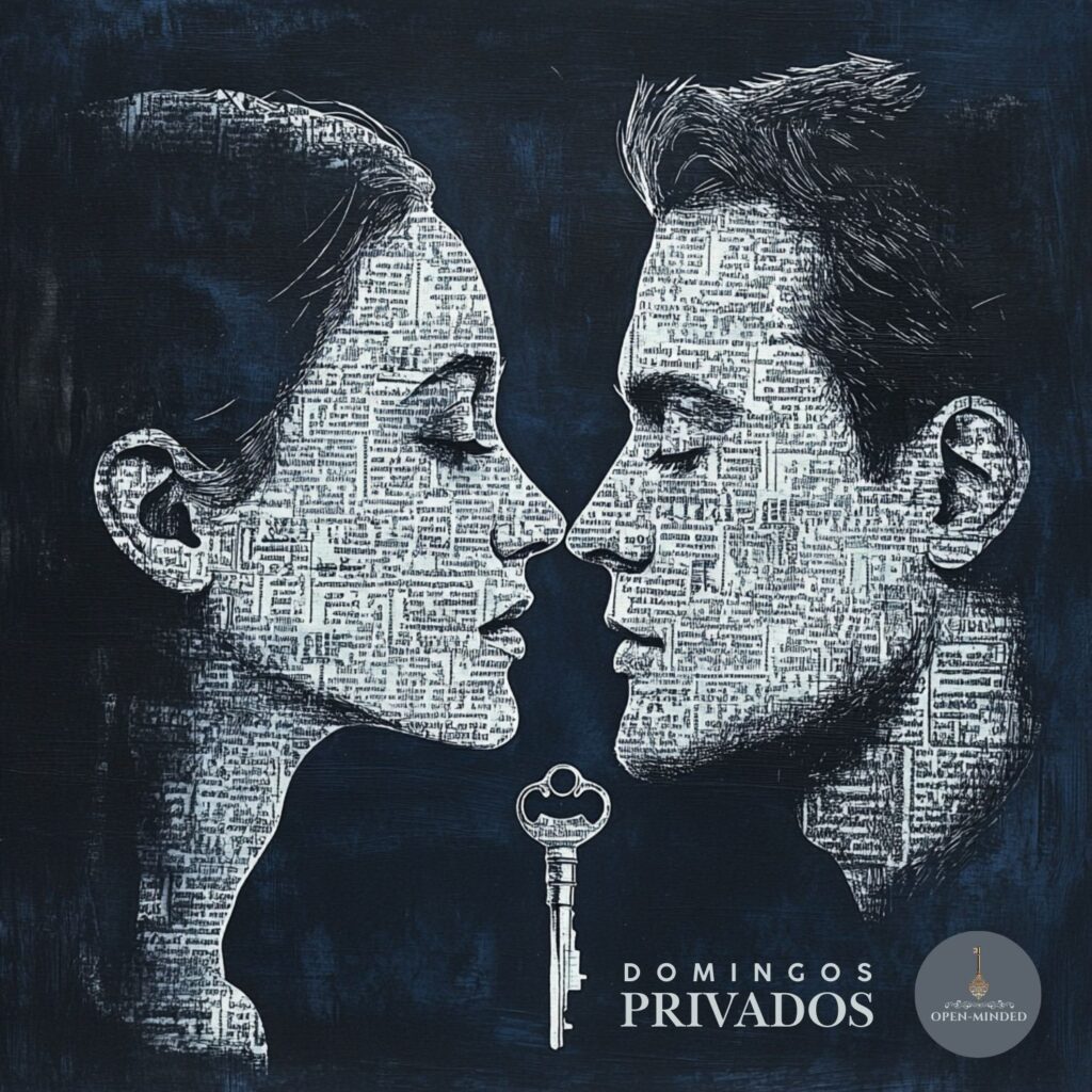 Two faces, a man and a woman, made of text and divided by a key, symbolizing connection, secrecy, and exclusive access to Open-Minded’s private Sunday events