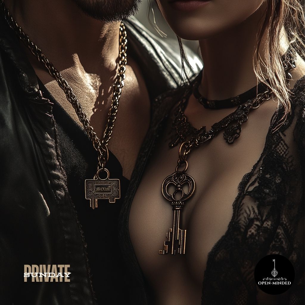 A man and woman wearing intricately designed gold key necklaces, symbolizing their connection to Open-Minded’s private events.