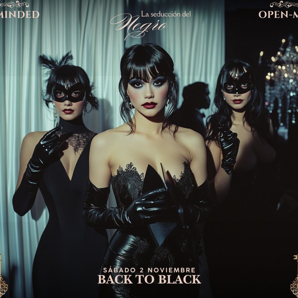 Tres mujeres vestidas en látex negro con gafas oscuras, disfrutando de la fiesta swinger “Back to Black” en OPEN-MINDED.