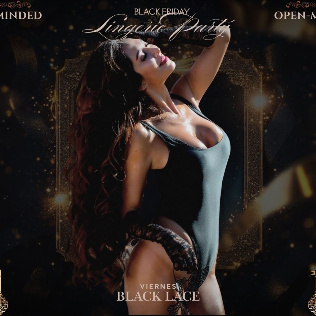 Mujer en lencería negra en el cartel de la fiesta Noche Black Lace en open-minded.club para Black Friday