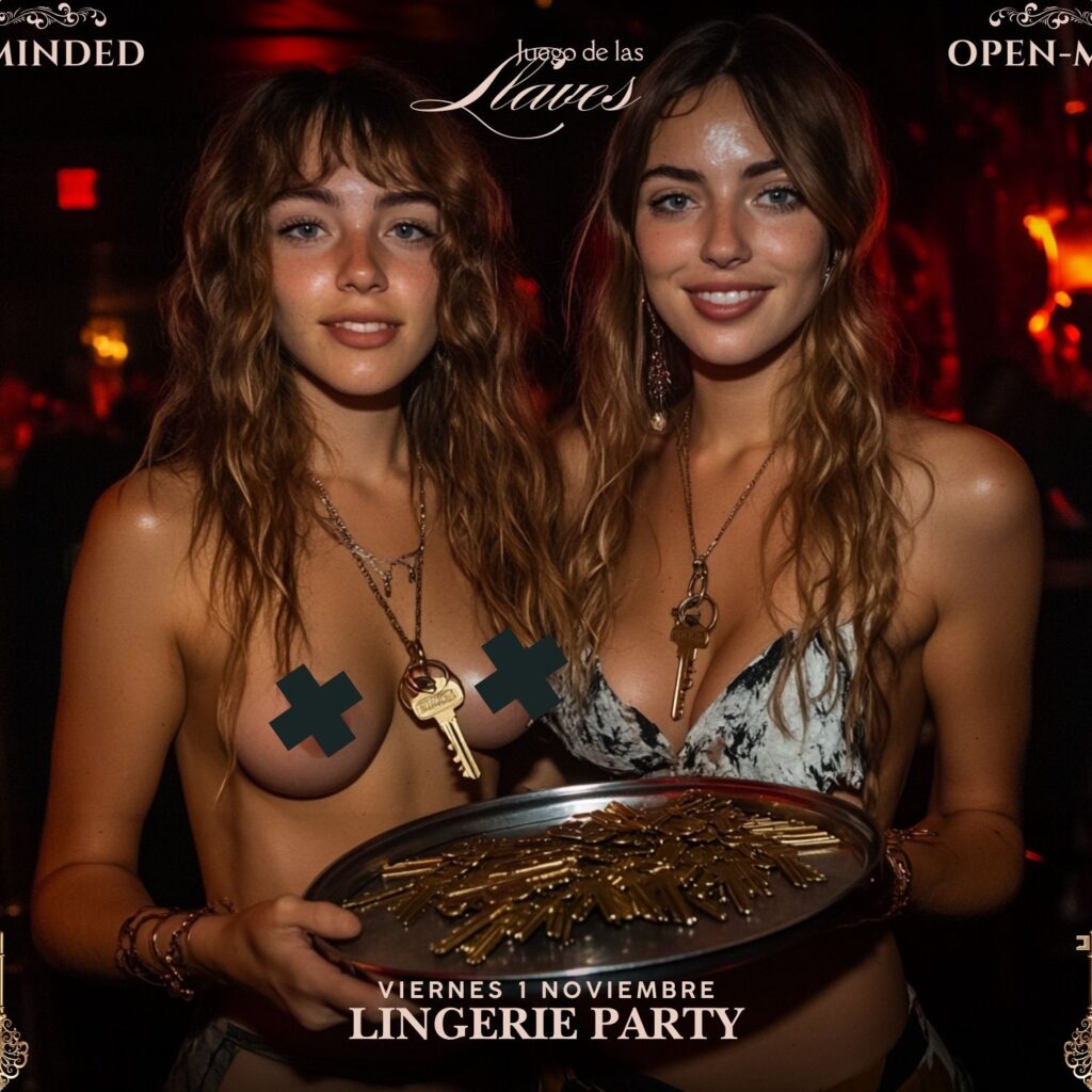 Dos mujeres sosteniendo una bandeja llena de llaves en el evento Ultimate Lingerie Party en OPEN-MINDED.club.