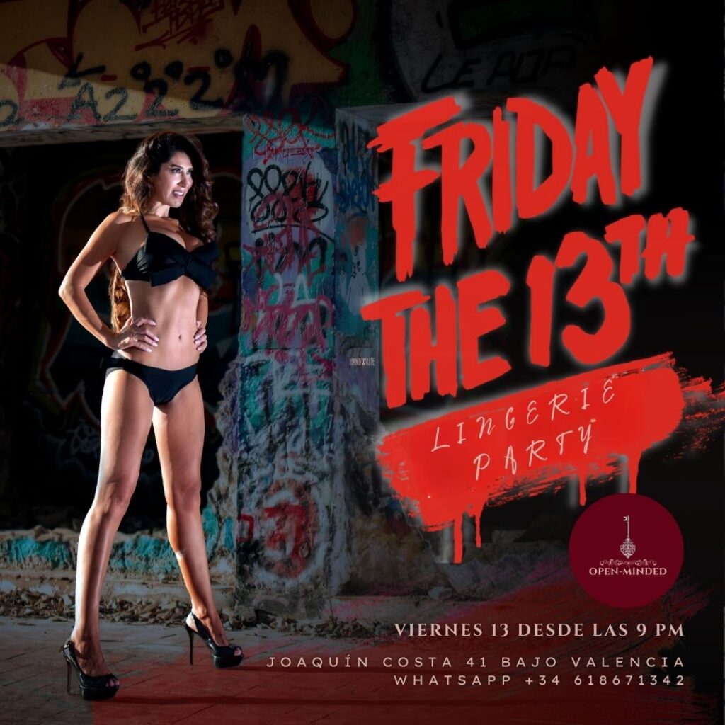 Promoción de la Friday 13th Lingerie Party en Open-Minded.club con temática de misterio y sensualidad.