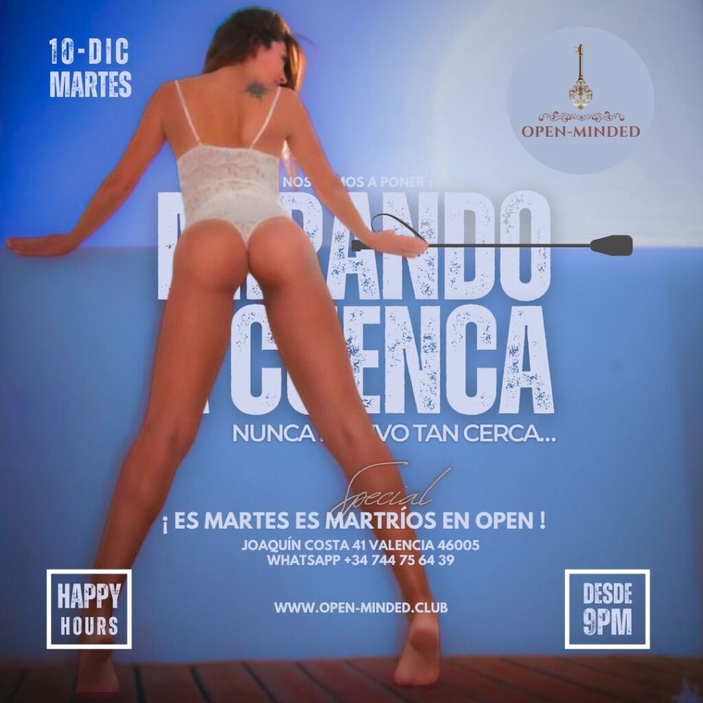 Cartel promocional de la fiesta “Mirando a Cuenca: Nunca estuvo tan cerca” en Open-Minded.club, destacando los Martríos del 10 de diciembre con happy hour y rituales.